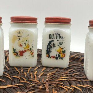 4 Vintage McKee Milk Glass Cornucopia Spice Jars Granny Cottage Core